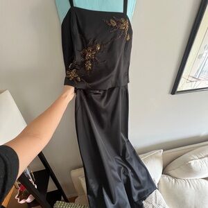 Satin Evening Beaded Top and Formal Maxi Skirt Set